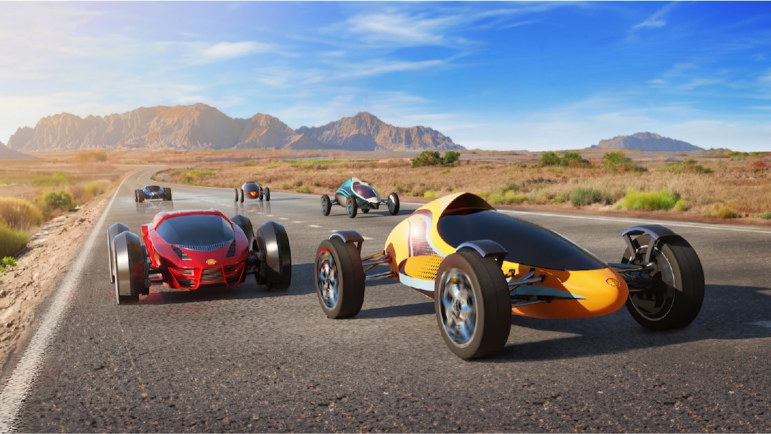 A group of futuristic cars on a road