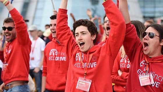 Team in red cheering