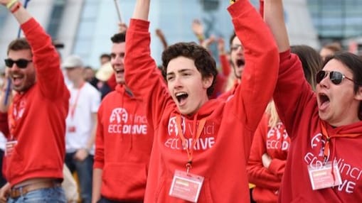Team in red cheering