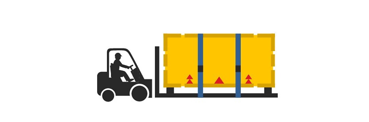 illustration showing crate tied down to a fork lift