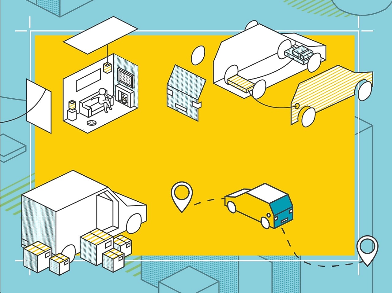 Illustration of vehicles and homes