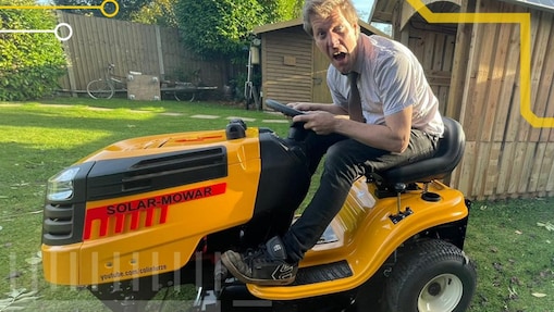 Headshots of Colin Furze rides a solar powered Mowar.