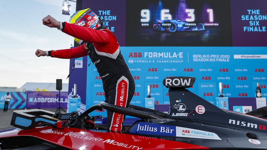 Oliver Rowland takes his maiden Formula E win at the penultimate round of season six in Berlin. His lights to flag victory started from pole position to the top step of the podium. Image Credit: Formula E