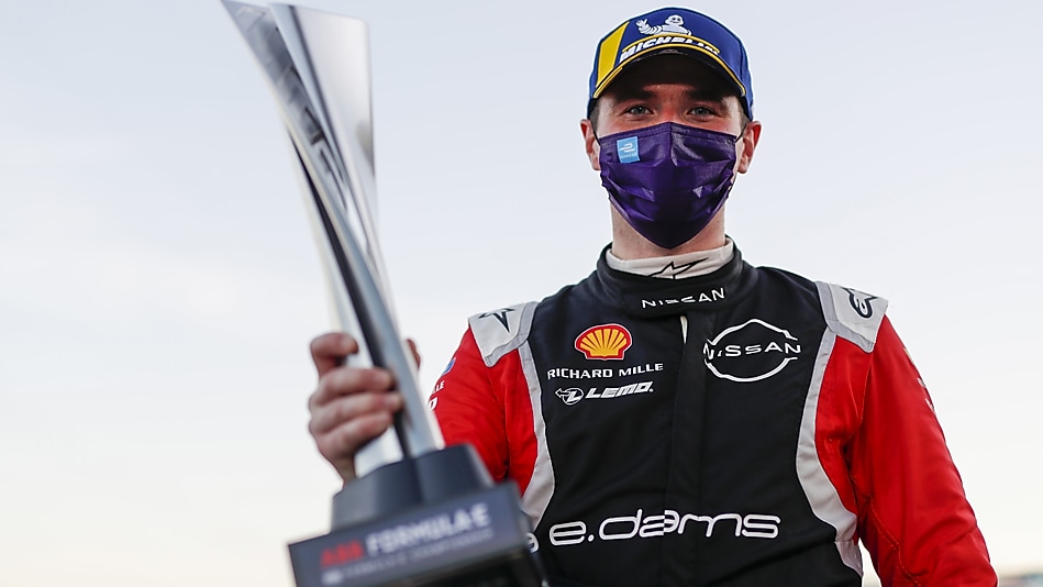 Oliver Rowland takes his maiden Formula E win at the penultimate round of season six in Berlin. His lights to flag victory started from pole position to the top step of the podium. Image Credit: Formula E